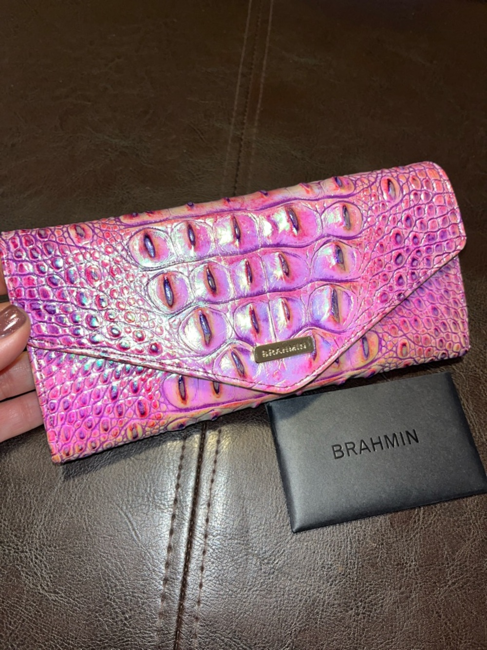 Brahmin Pink Iridescent Croc-Embossed Envelope Clutch wallet - Picture 3 of 15
